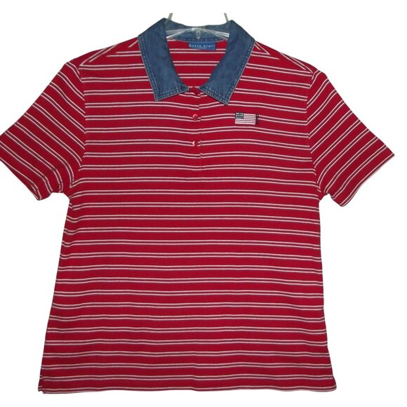 Karen Scott Polo Shirt Womens Medium Striped USA Flat Red Knit Top jean collar - Picture 1 of 8